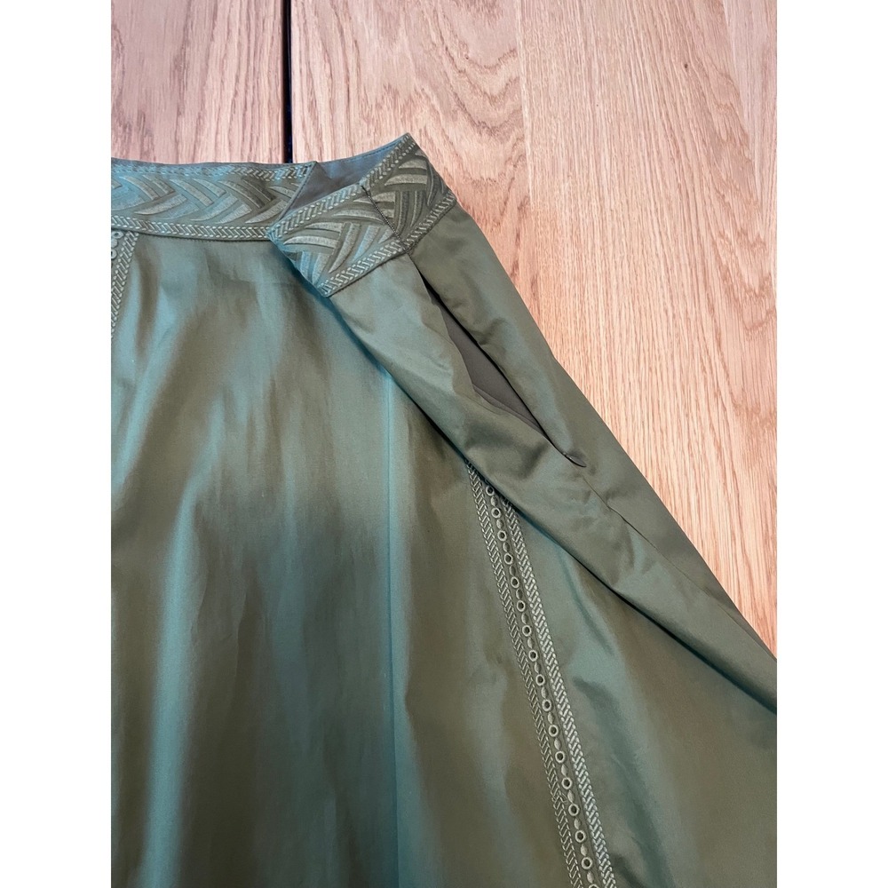 Elie Tahari Daisy Embroidered Poplin Midi Skirt Olive Green Boho-Chic Size 6 - Picture 7 of 10